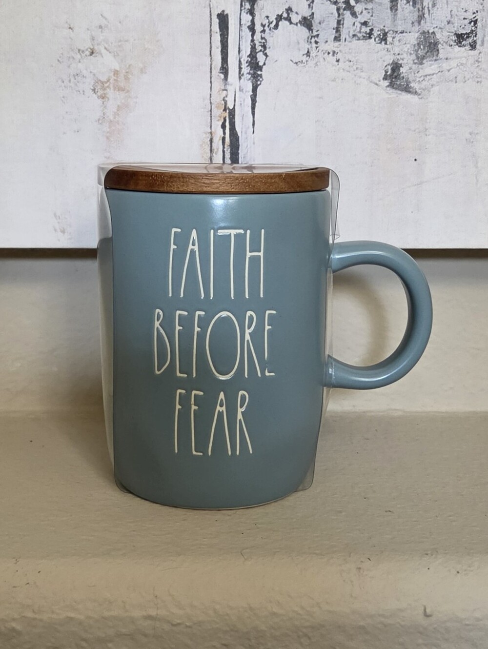 Rae Dunn Blue Ceramic Mug with Wooden Lid - "Faith Before Fear"